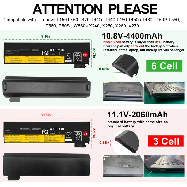 Alt view image 3 of 7 - X240 Battery 68+ 45N1128 Battery Compatible with ThinkPad T440 T440s T450 T450s T460 T460P T470P T550 T560 L450 L460 L470 P50S W550s X250 X260 X270 45N1125 45N1126 45N1127 45N1129 0C52861 0c52862