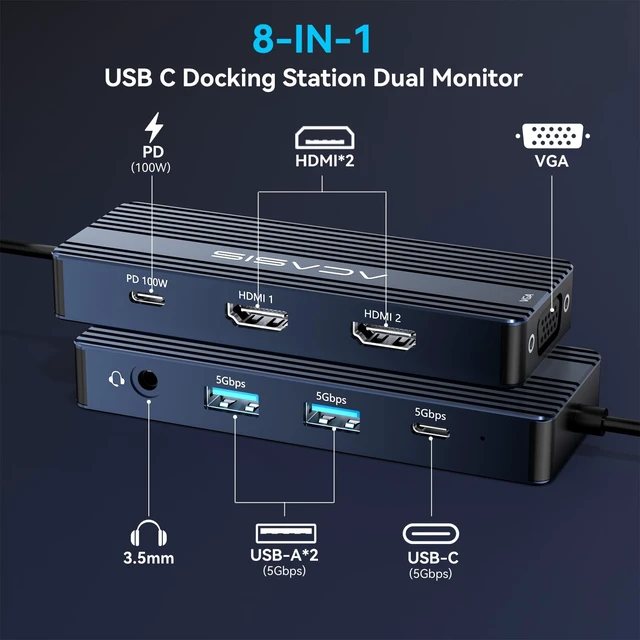 Alt view image 2 of 7 - USB C Docking Station Dual Monitors,8-in-1 Laptop Docking Station with Dual HDMI +VGA +2 * 5G USB-A/C+3.5MM Audio+PD100W, USB C HUB multiport Adapter for Dell/HP/Lenovo ThinkPadGray