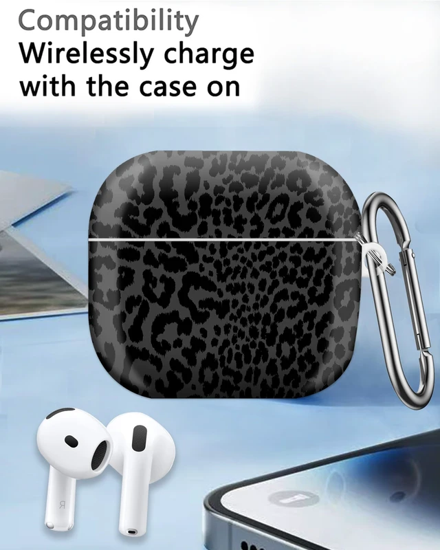 Alt view image 7 of 7 - Case Compatible with AirPod 4th Generation 2024,Shockproof Protective Case Cover with Keychain for Women Men,Wireless Accessorie Charging Cases for Airpod 4th - Black Leopard