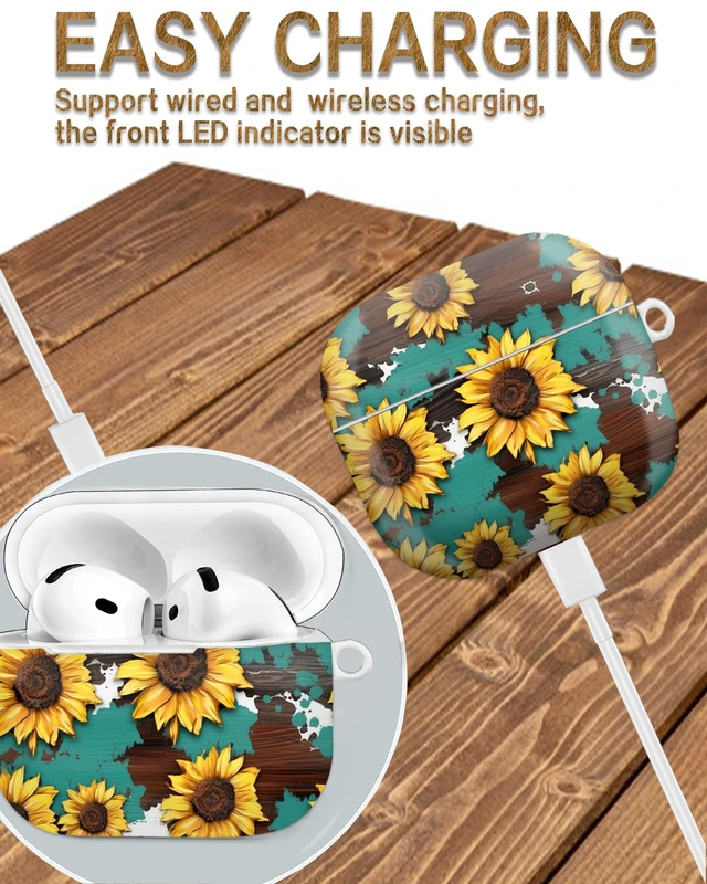 Alt view image 2 of 7 - Case Compatible with AirPod 4th Generation 2024,Shockproof Protective Case Cover with Keychain for Women Men,Wireless Accessorie Charging Cases for Airpod 4th - Watercolor Wood Grain Sunflower