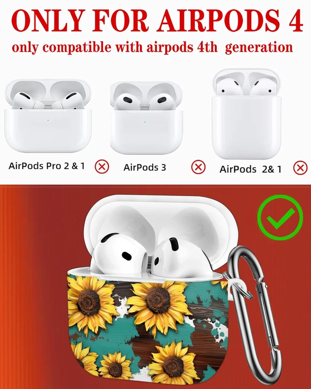 Alt view image 4 of 7 - Case Compatible with AirPod 4th Generation 2024,Shockproof Protective Case Cover with Keychain for Women Men,Wireless Accessorie Charging Cases for Airpod 4th - Watercolor Wood Grain Sunflower