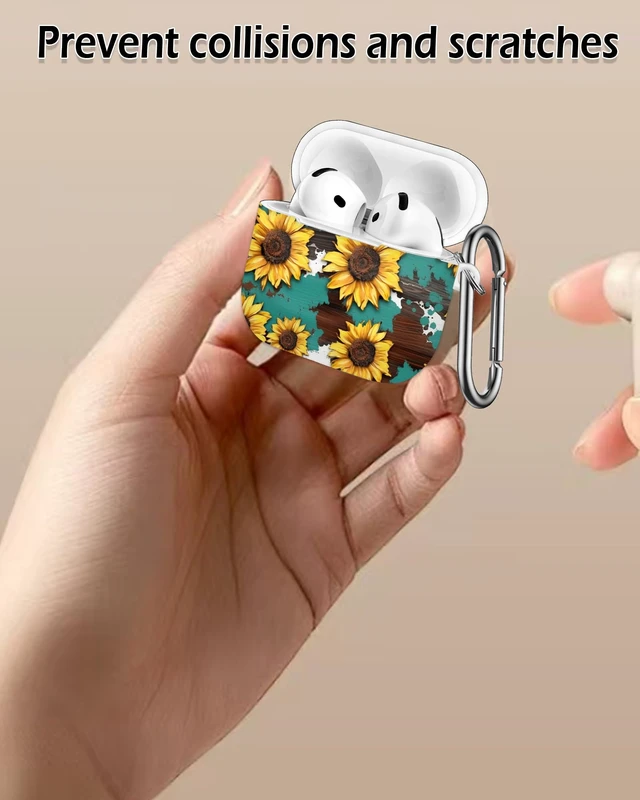 Alt view image 5 of 7 - Case Compatible with AirPod 4th Generation 2024,Shockproof Protective Case Cover with Keychain for Women Men,Wireless Accessorie Charging Cases for Airpod 4th - Watercolor Wood Grain Sunflower