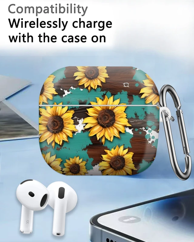Alt view image 7 of 7 - Case Compatible with AirPod 4th Generation 2024,Shockproof Protective Case Cover with Keychain for Women Men,Wireless Accessorie Charging Cases for Airpod 4th - Watercolor Wood Grain Sunflower