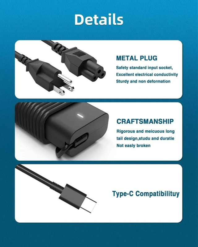 Alt view image 3 of 5 - 65W 60W USB C Laptop Charger for Dell Latitude XPS Chromebook Compatible with Dell Latitude 3450 5520 7420 5420 5550 5450 5440 5430 5540 5530 7440 Inspiron 14 16 XPS 13 Chromebook 3100