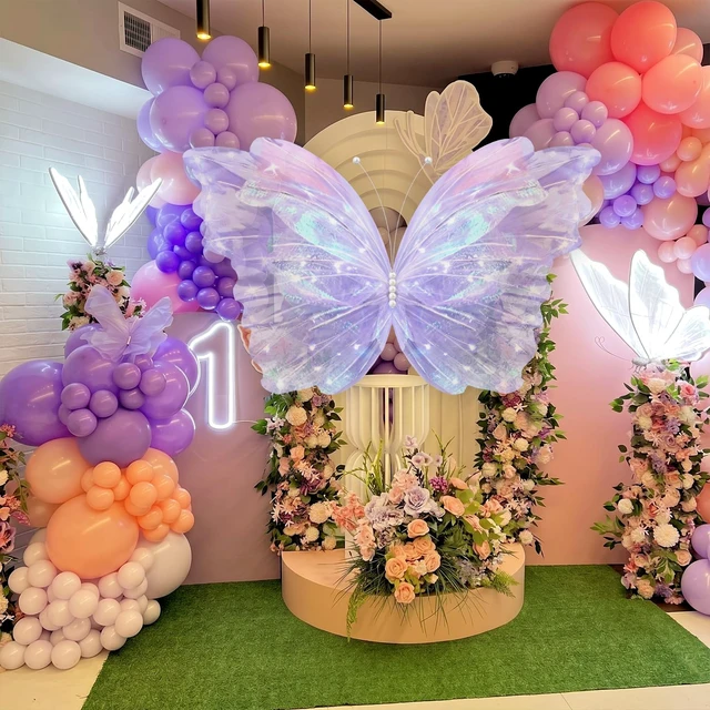 Alt view image 6 of 6 - 47 Inch Giant Butterfly Party Decoration Mariposas Grandes para Backdrop Decor Large 3D Silk Light up LED Butterfly Backdrop for Wedding Baby Shower Birthday Fairy Garden Outdoor (Purple)