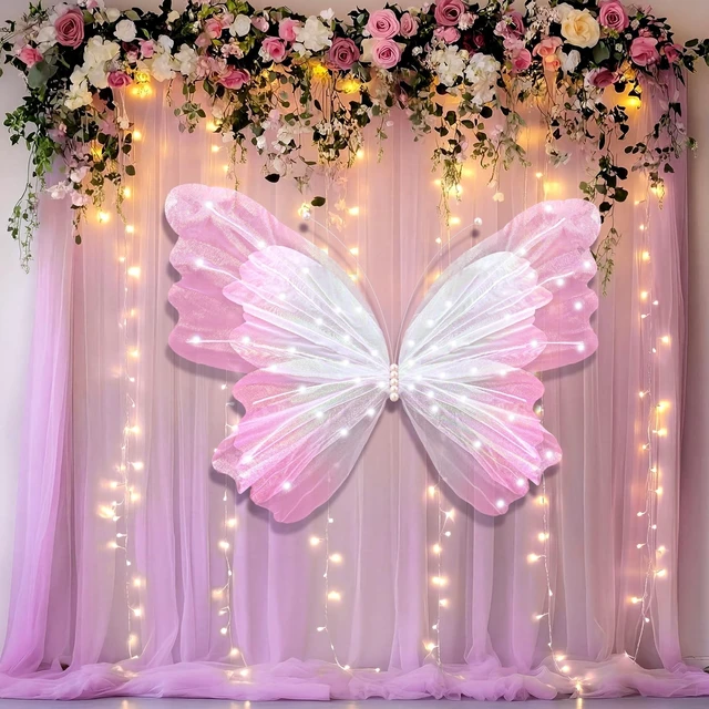 Alt view image 3 of 6 - 47 Inch Giant Butterfly Party Decoration Mariposas Grandes para Backdrop Decor Large 3D Silk Light up LED Butterfly Backdrop for Spring Wedding Baby Shower Birthday Fairy Garden Party Outdoor(Pink)