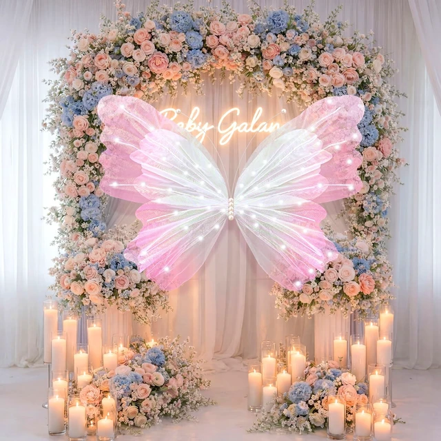 Alt view image 4 of 6 - 47 Inch Giant Butterfly Party Decoration Mariposas Grandes para Backdrop Decor Large 3D Silk Light up LED Butterfly Backdrop for Spring Wedding Baby Shower Birthday Fairy Garden Party Outdoor(Pink)