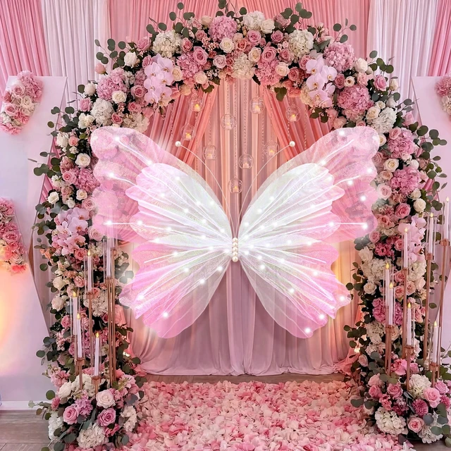 Alt view image 6 of 6 - 47 Inch Giant Butterfly Party Decoration Mariposas Grandes para Backdrop Decor Large 3D Silk Light up LED Butterfly Backdrop for Spring Wedding Baby Shower Birthday Fairy Garden Party Outdoor(Pink)