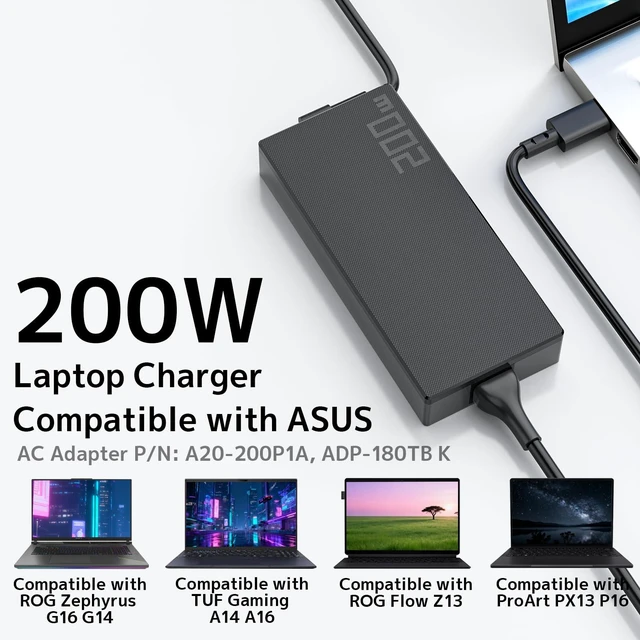 Alt view image 7 of 7 - 200W Charger Fit for ASUS ProArt P16 ROG Zephyrus G14 TUF Gaming Laptop Reinforced Rectangle Connector, ROG Flow z13 G16 Power Supply, A20-200P1A ADP-200JB K AC Adapter, Multi-Safety Protections