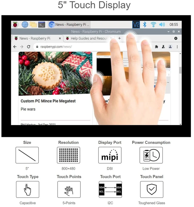 Alt view image 2 of 7 - 5 Inch Touch Screen for Raspberry Pi DSI LCD Screen Monitor 800×480 Display for Raspberry Pi 4B 3B+ 3A+ 3B 2B B+ A+ CM3/3+ Compatible with Raspbian Ubuntu Kali WIN10 IoT RetroPie
