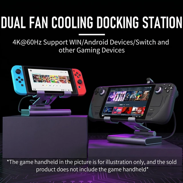 Alt view image 2 of 7 - 6-in-1 Steam Deck Dock with Dual Cooling Fans and RGB, 4K@60Hz HDMI, Gigabit Ethernet, 100W PD, 3 USB-A 3.0 Ports, Adjustable Docking Station for ROG Ally X, Legion Go and MSI Claw