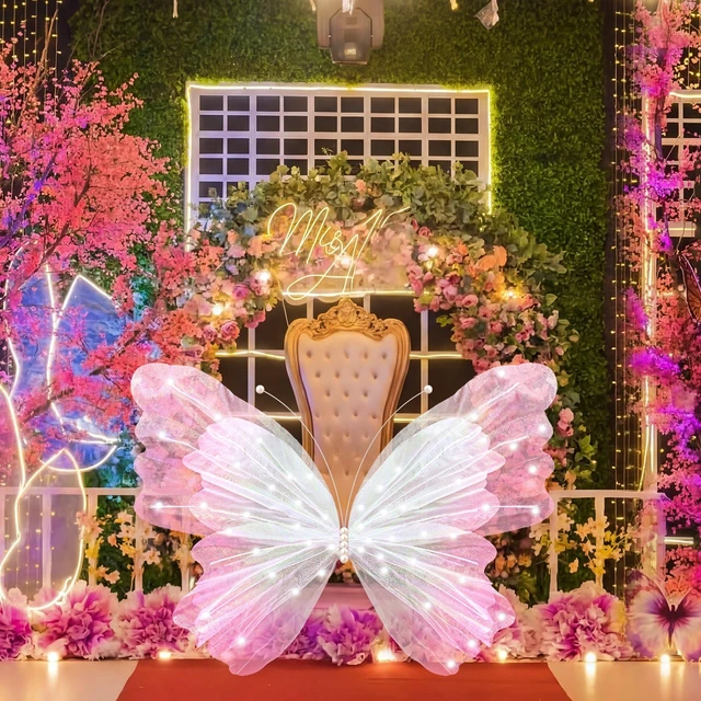 Alt view image 5 of 6 - 47 Inch Giant Butterfly Party Decoration Mariposas Grandes para Backdrop Decor Large 3D Silk Light up LED Butterfly Backdrop for Spring Wedding Baby Shower Birthday Fairy Garden Party Outdoor(Pink)