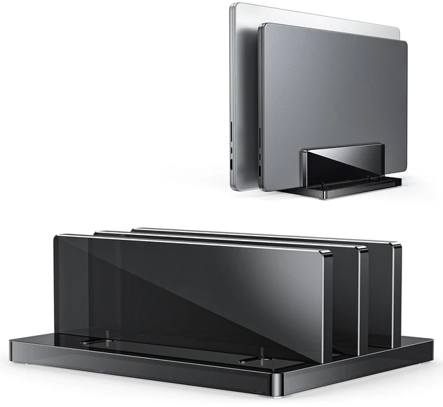 Main image of Vertical Laptop Stand, Black Acrylic Dual Holder for MacBook Gaming Adjustable Width 0.43-1.38", Black Acrylic Dual Slot Stand for Desk, Compatible with MacBook Pro/Air HP Gaming up to 17"