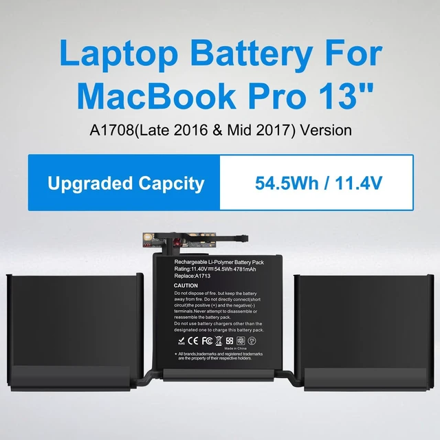 Alt view image 3 of 6 - A1713 A1708 A2159 Laotop Battery for Mac Book Pro 13 Inch A1708(Mid2017,Late 2016) A2159 (2019) A2289 (2020) A2338 (2020,2022) EMC