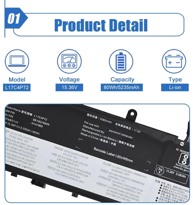 Alt view image 2 of 6 - 80Wh L17C4P72 Laptop Battery for Lenovo ThinkPad X1 Extreme 1st Gen/2nd Gen Replacement for Lenovo ThinkPad P1 1st Gen/P1 Gen 2 Series, L17M4P72 SB10Q76928 L18M4P71 SB10S57317 01YU911, 15.36V 5235mAh