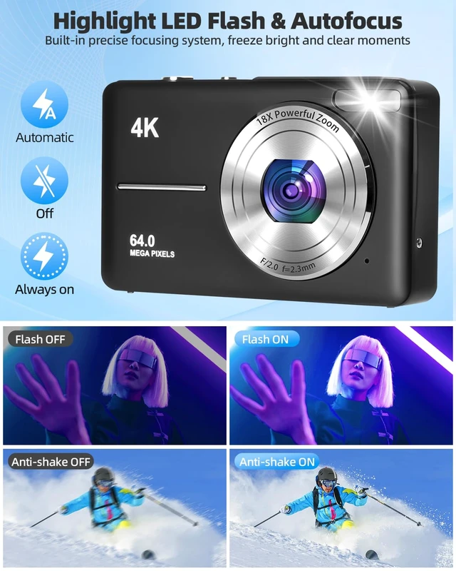 Alt view image 5 of 7 - 4K Digital Camera for Photography, Autofocus 64MP Vlogging Camera, 32GB TF Card, 2.8'' LED Screen, 18X Zoom, Anti-Shake, Portable YouTube Point and Shoot Digital Cameras for Kids Teens Adult Beginner