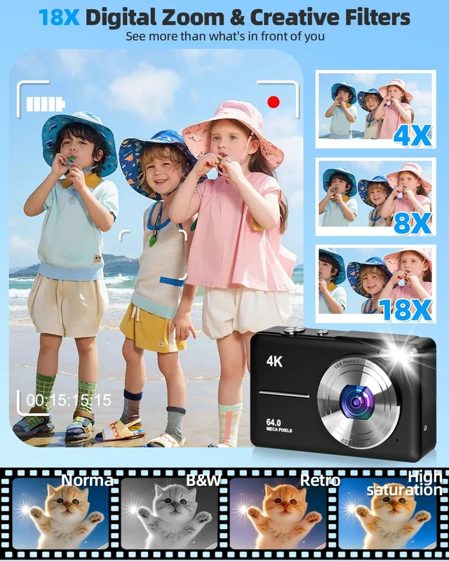 Alt view image 3 of 7 - 4K Digital Camera for Photography, Autofocus 64MP Vlogging Camera, 32GB TF Card, 2.8'' LED Screen, 18X Zoom, Anti-Shake, Portable YouTube Point and Shoot Digital Cameras for Kids Teens Adult Beginner