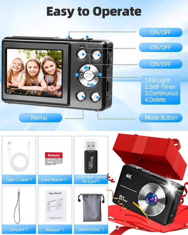 Alt view image 7 of 7 - 4K Digital Camera for Photography, Autofocus 64MP Vlogging Camera, 32GB TF Card, 2.8'' LED Screen, 18X Zoom, Anti-Shake, Portable YouTube Point and Shoot Digital Cameras for Kids Teens Adult Beginner