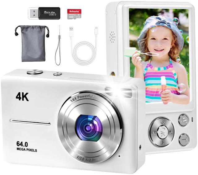 Main image of 4K Digital Camera for Photography, Autofocus 64MP Vlogging Camera, 32GB TF Card, 2.8'' LED Screen, 18X Zoom, Anti-Shake, Portable YouTube Point and Shoot Digital Cameras (White)
