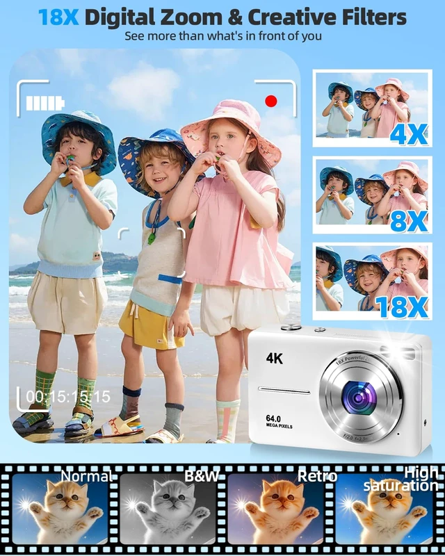 Alt view image 3 of 7 - 4K Digital Camera for Photography, Autofocus 64MP Vlogging Camera, 32GB TF Card, 2.8'' LED Screen, 18X Zoom, Anti-Shake, Portable YouTube Point and Shoot Digital Cameras (White)