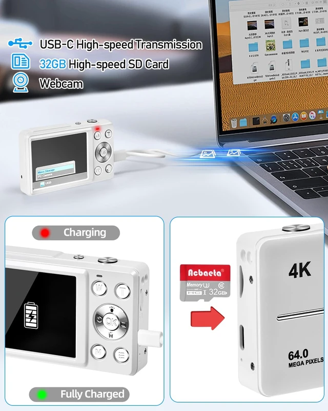 Alt view image 6 of 7 - 4K Digital Camera for Photography, Autofocus 64MP Vlogging Camera, 32GB TF Card, 2.8'' LED Screen, 18X Zoom, Anti-Shake, Portable YouTube Point and Shoot Digital Cameras (White)