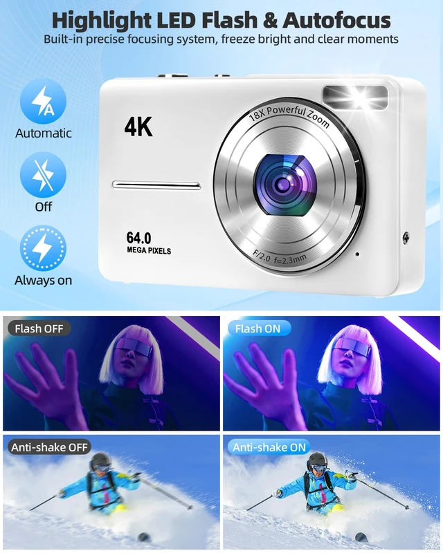 Alt view image 5 of 7 - 4K Digital Camera for Photography, Autofocus 64MP Vlogging Camera, 32GB TF Card, 2.8'' LED Screen, 18X Zoom, Anti-Shake, Portable YouTube Point and Shoot Digital Cameras (White)