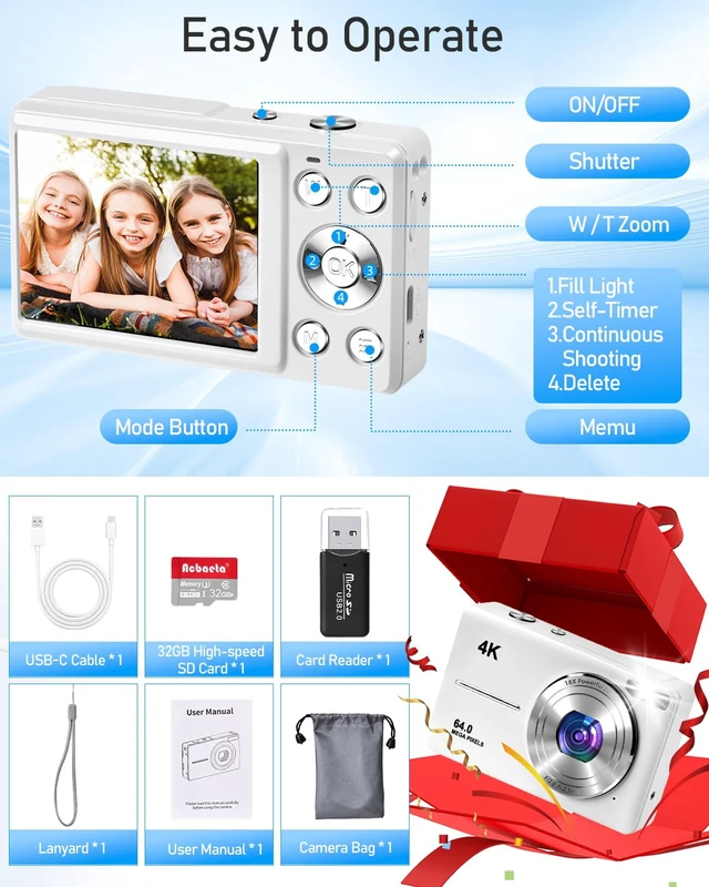 Alt view image 7 of 7 - 4K Digital Camera for Photography, Autofocus 64MP Vlogging Camera, 32GB TF Card, 2.8'' LED Screen, 18X Zoom, Anti-Shake, Portable YouTube Point and Shoot Digital Cameras (White)