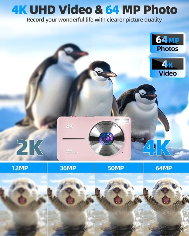 Alt view image 2 of 7 - 4K Digital Camera for Photography, Autofocus 64MP Vlogging Camera, 32GB TF Card, 2.8'' LED Screen, 18X Zoom, Anti-Shake, Portable YouTube Point and Shoot Digital Cameras for Kids Teens Adult Beginner