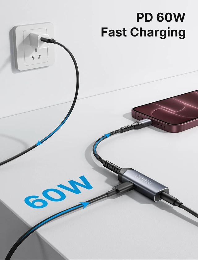 Alt view image 3 of 7 - USB C Headphone Adapter and Charger, 2-in-1 3.5mm Audio, PD 60W Fast 2-in-1 AUX Mic Jack with PD 60W Fast Charging, for Earphones, iPhone 18/17/16 Pro/Pro Max,iPhone Duo,Galaxy S26 S25, iPad Pro