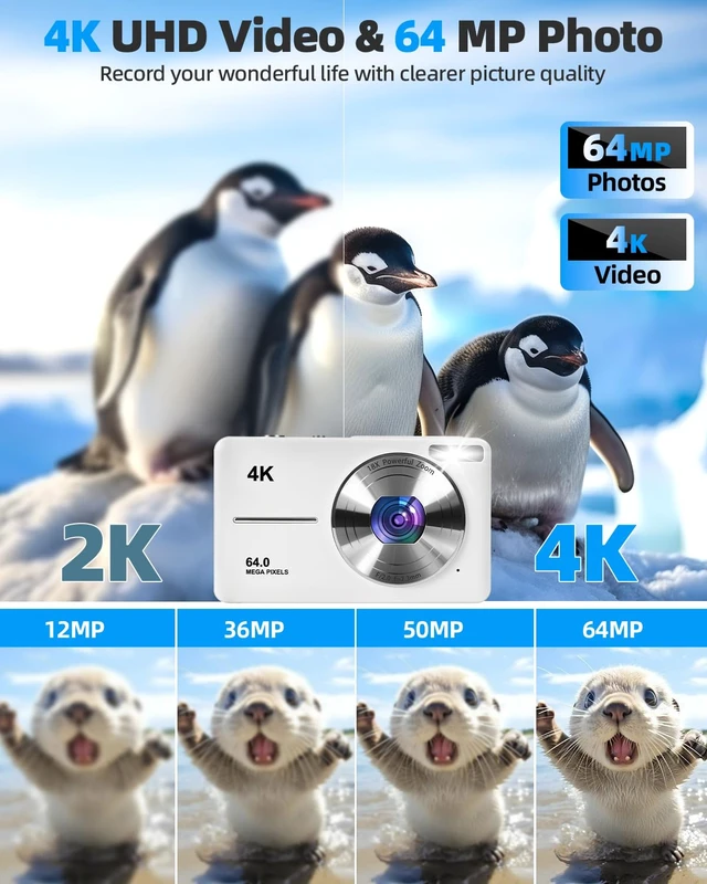 Alt view image 2 of 7 - 4K Digital Camera for Photography, Autofocus 64MP Vlogging Camera, 32GB TF Card, 2.8'' LED Screen, 18X Zoom, Anti-Shake, Portable YouTube Point and Shoot Digital Cameras (White)