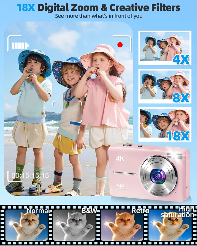Alt view image 3 of 7 - 4K Digital Camera for Photography, Autofocus 64MP Vlogging Camera, 32GB TF Card, 2.8'' LED Screen, 18X Zoom, Anti-Shake, Portable YouTube Point and Shoot Digital Cameras for Kids Teens Adult Beginner
