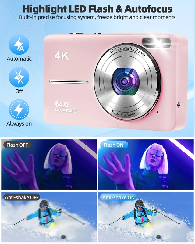 Alt view image 5 of 7 - 4K Digital Camera for Photography, Autofocus 64MP Vlogging Camera, 32GB TF Card, 2.8'' LED Screen, 18X Zoom, Anti-Shake, Portable YouTube Point and Shoot Digital Cameras for Kids Teens Adult Beginner