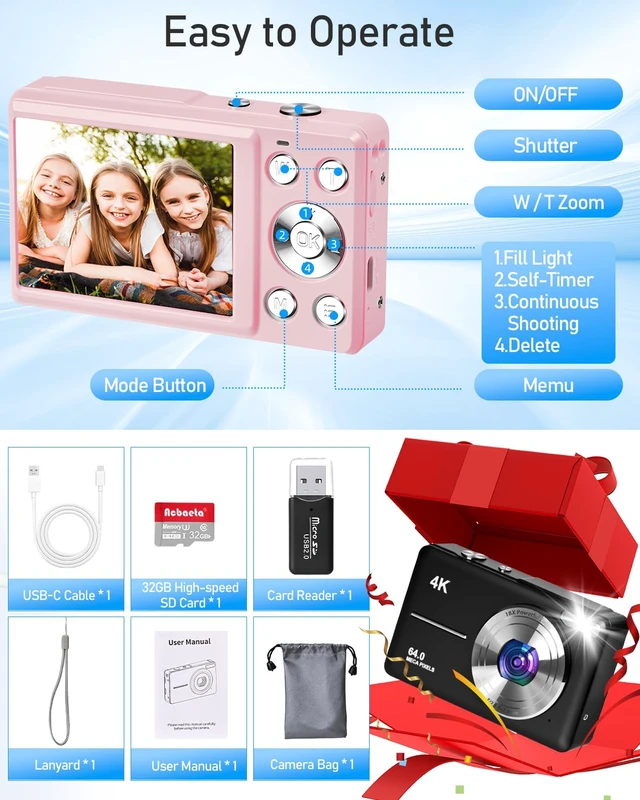 Alt view image 7 of 7 - 4K Digital Camera for Photography, Autofocus 64MP Vlogging Camera, 32GB TF Card, 2.8'' LED Screen, 18X Zoom, Anti-Shake, Portable YouTube Point and Shoot Digital Cameras for Kids Teens Adult Beginner