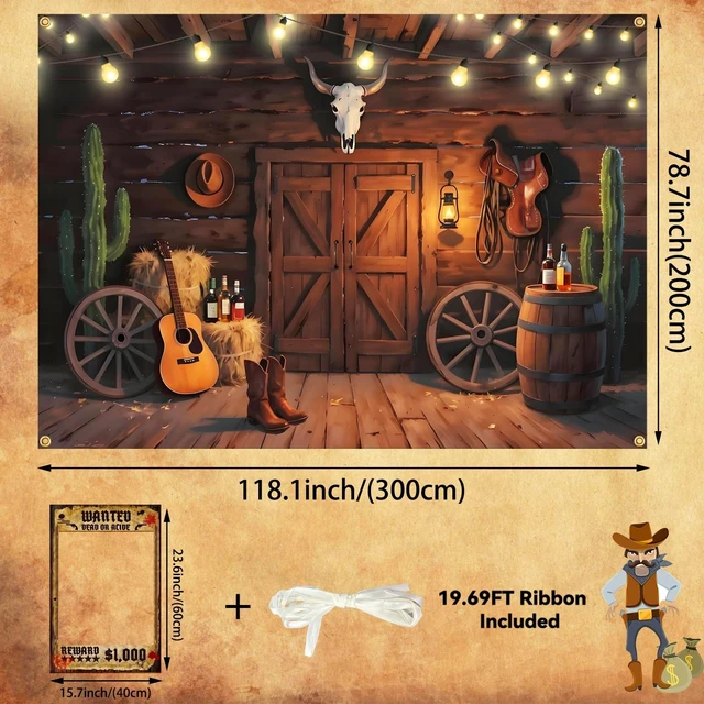 Alt view image 2 of 5 - Vintage Western Cowboy Backdrop with Wanted Poster- Durable Polyester Photo Booth Background for Wild West Parties Decor (Western Backdrop, 10x6.5FT)