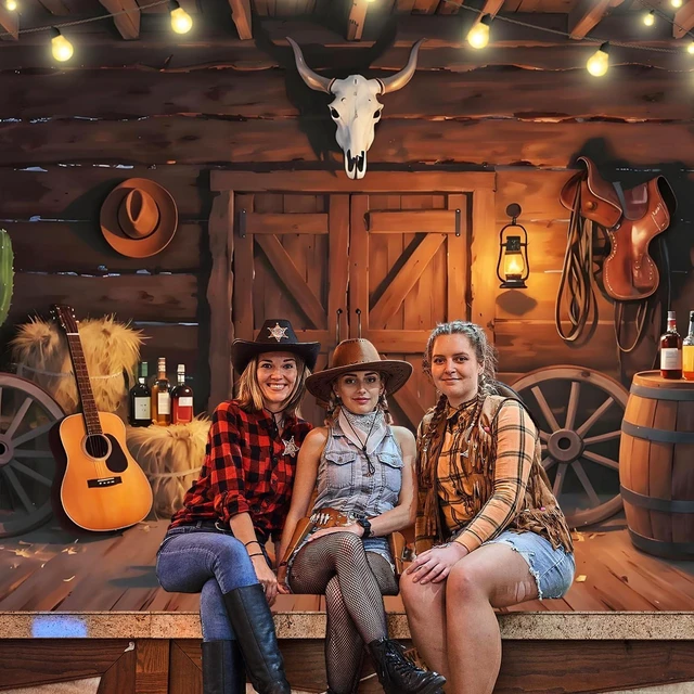 Alt view image 5 of 5 - Vintage Western Cowboy Backdrop with Wanted Poster- Durable Polyester Photo Booth Background for Wild West Parties Decor (Western Backdrop, 10x6.5FT)
