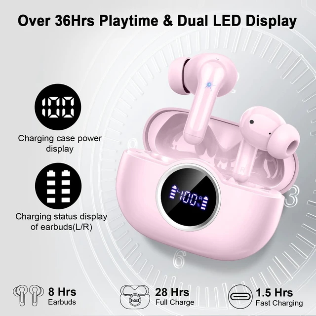 Alt view image 7 of 7 - Bluetooth 5.4 Earbuds, 2026 Wireless Headphones 3D-Stereo Deep Bass Ear Bud, 4 ENC Noise Cancelling Mic, 40+Hrs USB-C Earphones, IP-X7 Waterproof Headset Sport Gym Workout for Laptop Pad Android iOS
