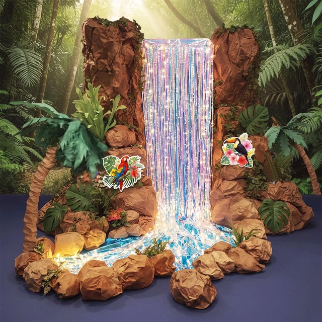Main image of 20 Pcs Rainforest Decorations Waterfall Landscaping Kit 2026 VBS Backdrop Kit with Iridescent Tinsel Curtains Plastic Tablecloth Kraft Paper LED Light for Jungle Birthday Party Decor Supplies