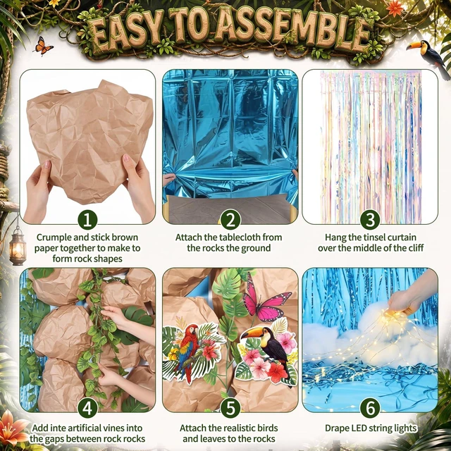 Alt view image 3 of 7 - 20 Pcs Rainforest Decorations Waterfall Landscaping Kit 2026 VBS Backdrop Kit with Iridescent Tinsel Curtains Plastic Tablecloth Kraft Paper LED Light for Jungle Birthday Party Decor Supplies