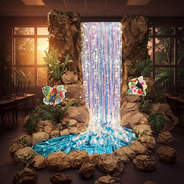 Alt view image 4 of 7 - 20 Pcs Rainforest Decorations Waterfall Landscaping Kit 2026 VBS Backdrop Kit with Iridescent Tinsel Curtains Plastic Tablecloth Kraft Paper LED Light for Jungle Birthday Party Decor Supplies