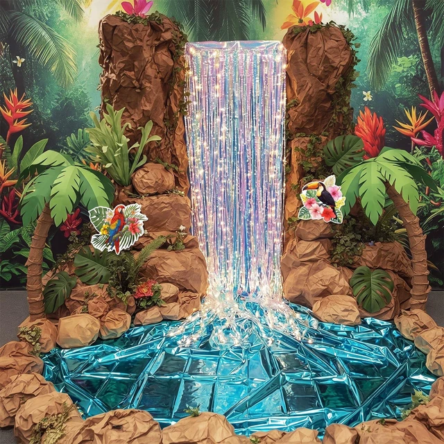 Alt view image 5 of 7 - 20 Pcs Rainforest Decorations Waterfall Landscaping Kit 2026 VBS Backdrop Kit with Iridescent Tinsel Curtains Plastic Tablecloth Kraft Paper LED Light for Jungle Birthday Party Decor Supplies