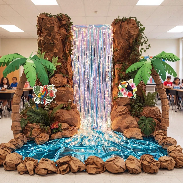 Alt view image 6 of 7 - 20 Pcs Rainforest Decorations Waterfall Landscaping Kit 2026 VBS Backdrop Kit with Iridescent Tinsel Curtains Plastic Tablecloth Kraft Paper LED Light for Jungle Birthday Party Decor Supplies