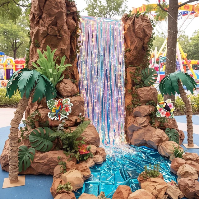 Alt view image 7 of 7 - 20 Pcs Rainforest Decorations Waterfall Landscaping Kit 2026 VBS Backdrop Kit with Iridescent Tinsel Curtains Plastic Tablecloth Kraft Paper LED Light for Jungle Birthday Party Decor Supplies
