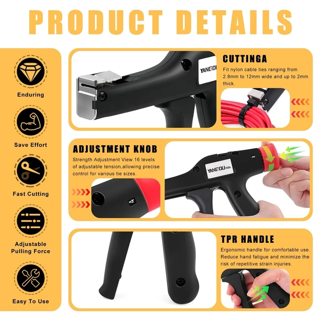 Alt view image 3 of 7 - Cable Tie Gun, Fasten and Cut Cables with 16 Adjustable Tension Settings - Fit 2.8mm to 12mm Wide and up to 2mm Thick Nylon Ties
