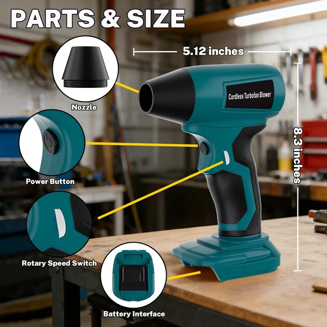 Alt view image 3 of 7 - Cordless Dust Blower Compatible with Makita 18V Battery, Handhled Leaf Blower Electric Compressed Air Duster Turbo Jet Fan with Nozzles for Blowing Leaves and Dust(Battery Not Included)