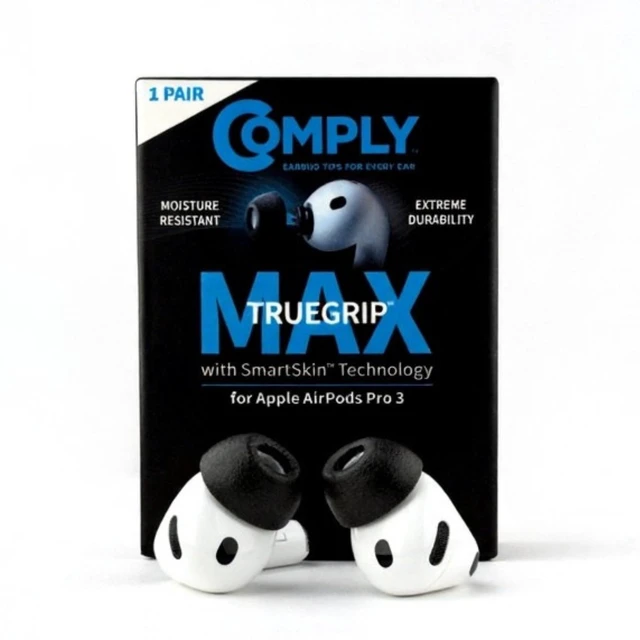 Main image of TrueGrip MAX Premium Memory Foam Replacement Ear Tips For Apple AirPods Pro Gen 3, Long Lasting Comfort, Superior Noise Isolation, Black Large (1 Pair)