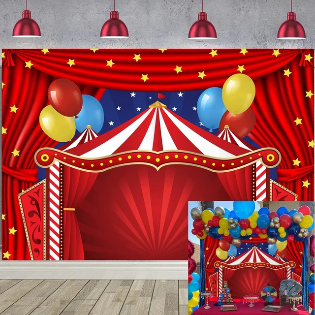 Main image of Circus Carnival Themed Backdrop Red Curtain Stars Birthday Party Photography Background Newborn Baby Shower Birthday Cake Table Decorations 8x6FT