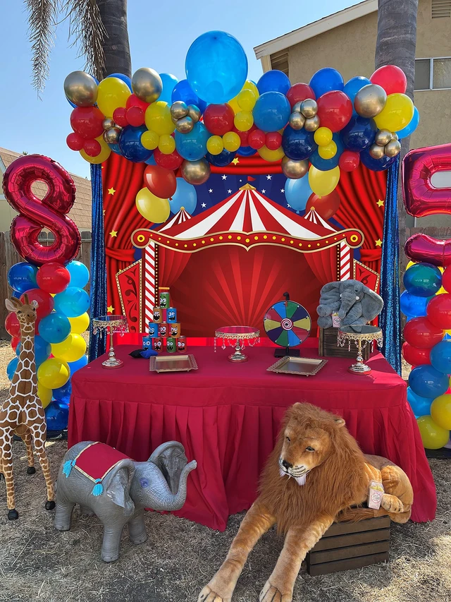 Alt view image 3 of 7 - Circus Carnival Themed Backdrop Red Curtain Stars Birthday Party Photography Background Newborn Baby Shower Birthday Cake Table Decorations 8x6FT