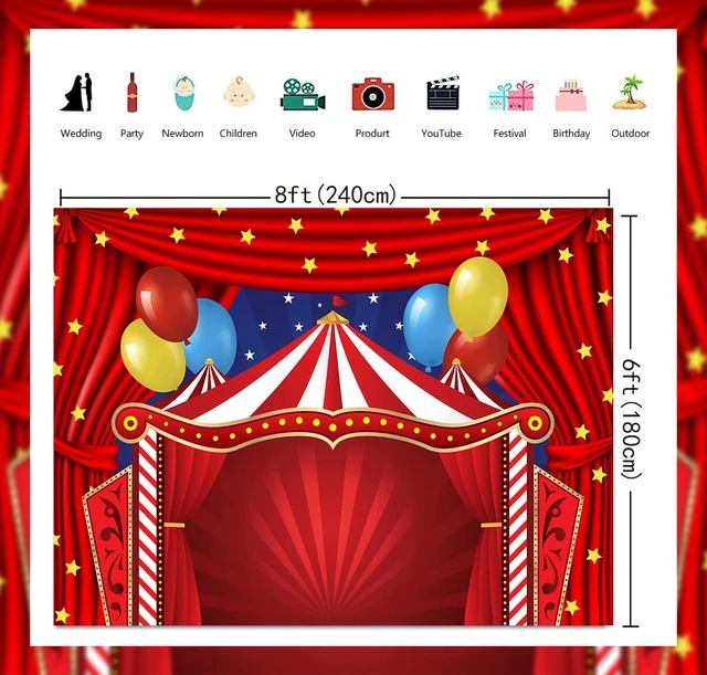 Alt view image 6 of 7 - Circus Carnival Themed Backdrop Red Curtain Stars Birthday Party Photography Background Newborn Baby Shower Birthday Cake Table Decorations 8x6FT