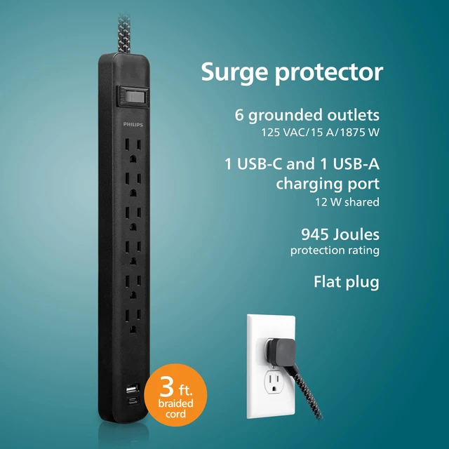 Alt view image 2 of 7 - Surge Protector Power Strips with USB Ports, 3 Ft Braided Extension Cord
