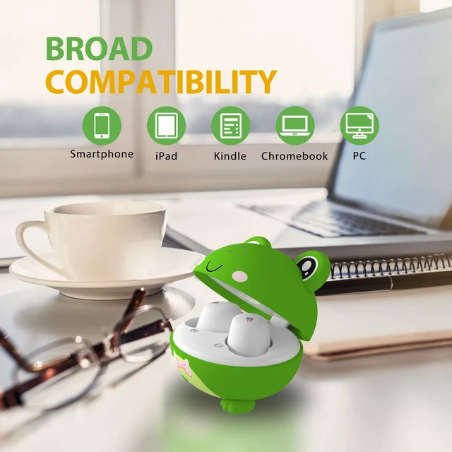 Alt view image 7 of 7 - Kids Wireless Earbuds, 85dB Volume Limited, Frog Bluetooth Earbuds for Kids ages 7+, Waterproof, Touch Controls, with Mic, School, Travel, Christmas Birthday Gifts for Kids